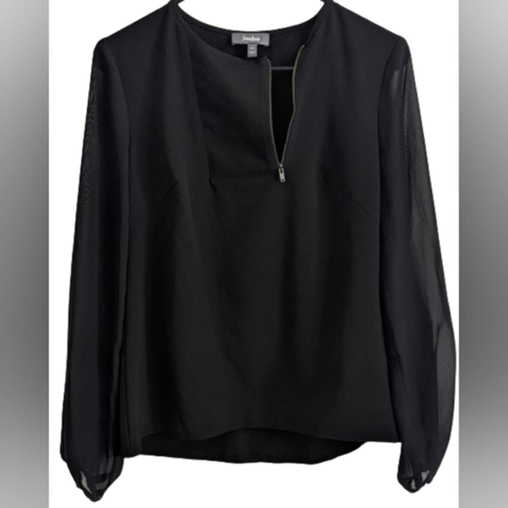 EUC Neiman Marcus stunning black sheer long sleeves crew neck zip down front